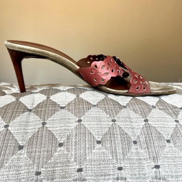 Couture by Donald J. Pliner Distressed Red Leather Heeled Slide Sandal Women 7.5 - Picture 3 of 13